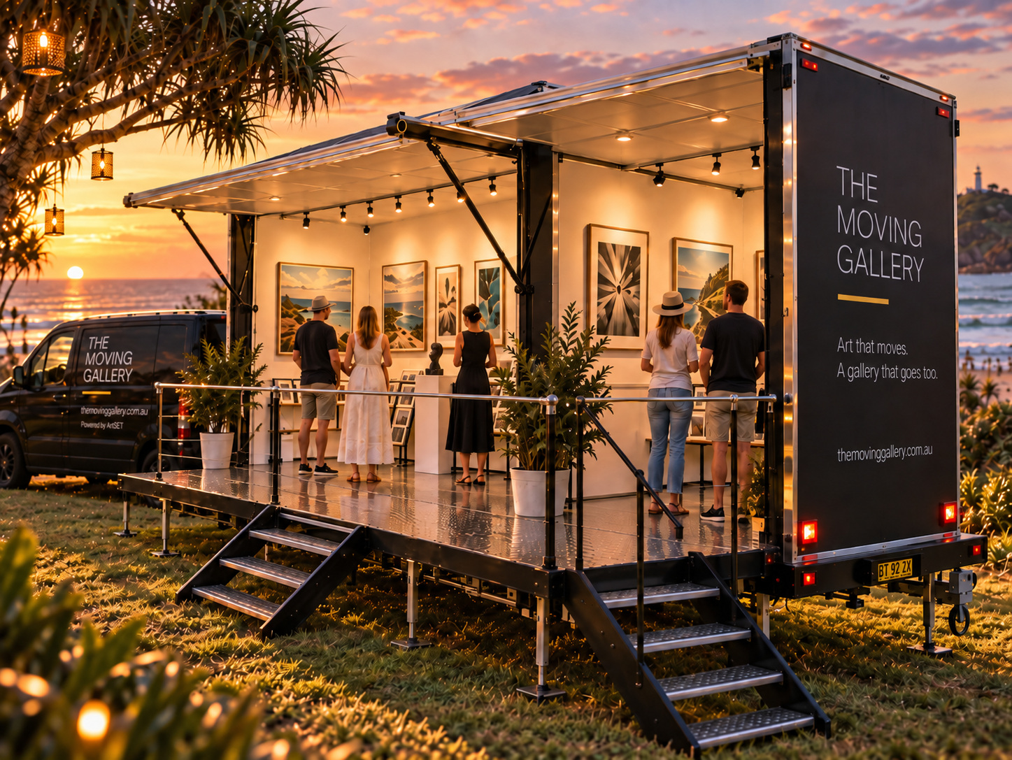 Concept visualisation of The Moving Gallery trailer at sunset